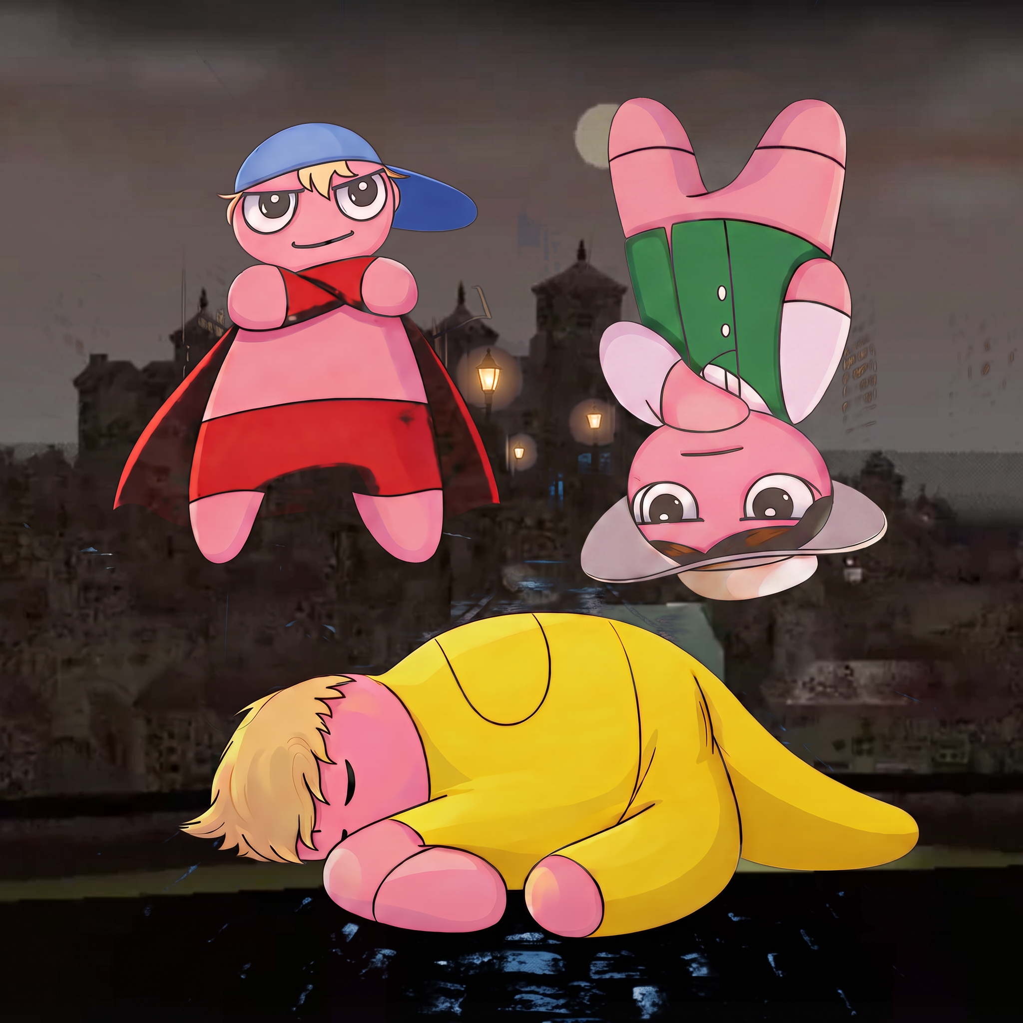 The three Bumpy Tuff Brothers characters against the dark city of Towncity
