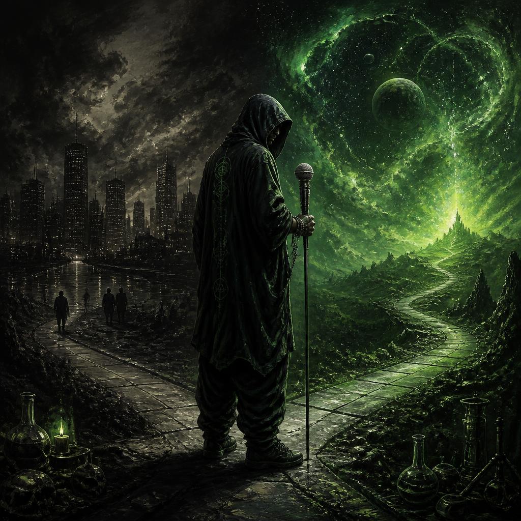 Concept art for Tweak Philosophy — a hooded figure with a microphone staff between a dark city and a glowing green cosmic path